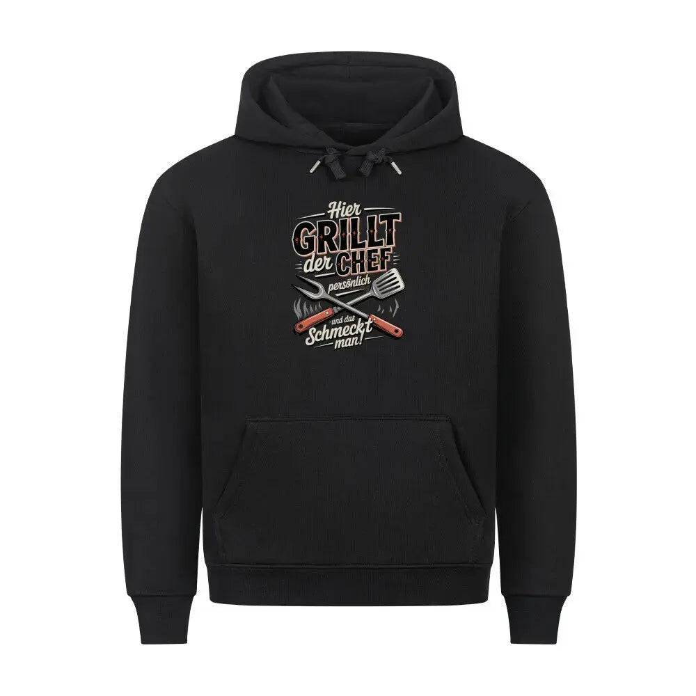 Hier Grillt Der Chef Persönlich – Premium BBQ Hoodie – Motivdruck in Schwarz