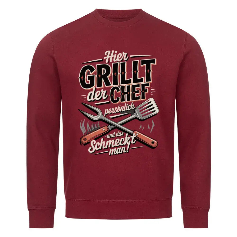 Hier grillt der Chef persönlich – Premium Organic Sweatshirt – Motivdruck in Burgunder