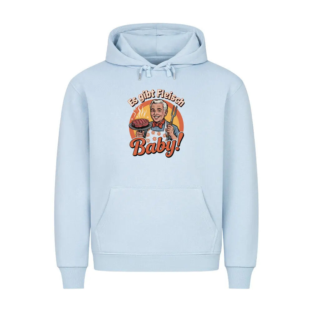 Premium Hoodie Es gibt Fleisch Baby! – Lustiger Retro Grill Pullover für Männer – Motivdruck in Babyblau