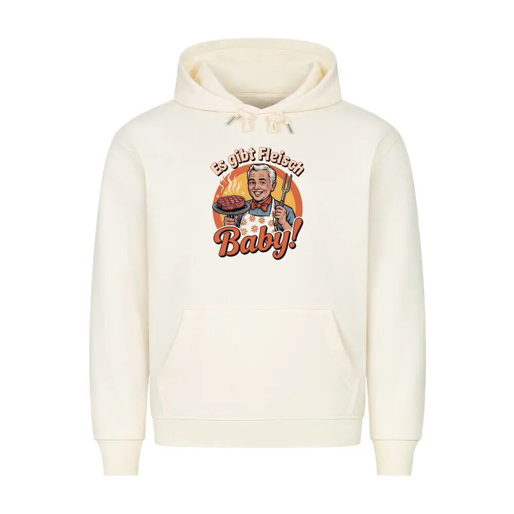 Premium Hoodie Es gibt Fleisch Baby! – Lustiger Retro Grill Pullover für Männer – Motivdruck in Beige