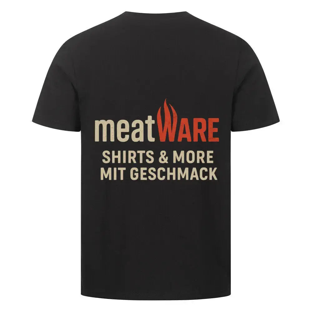 Premium T-Shirt meatWARE Logo – Shirts & More mit Geschmack | Front & Back Print – Motivdruck in Schwarz, Nahaufnahme