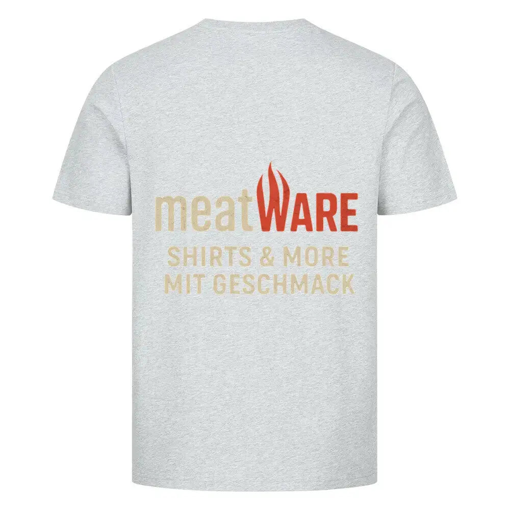 Premium T-Shirt meatWARE Logo – Shirts & More mit Geschmack | Front & Back Print – Motivdruck in Heather Grey, Nahaufnahme