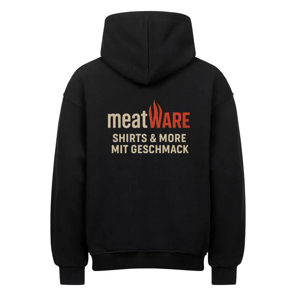 meatWARE Oversized Hoodie – Front & Back Print – Motivdruck in Schwarz, Nahaufnahme