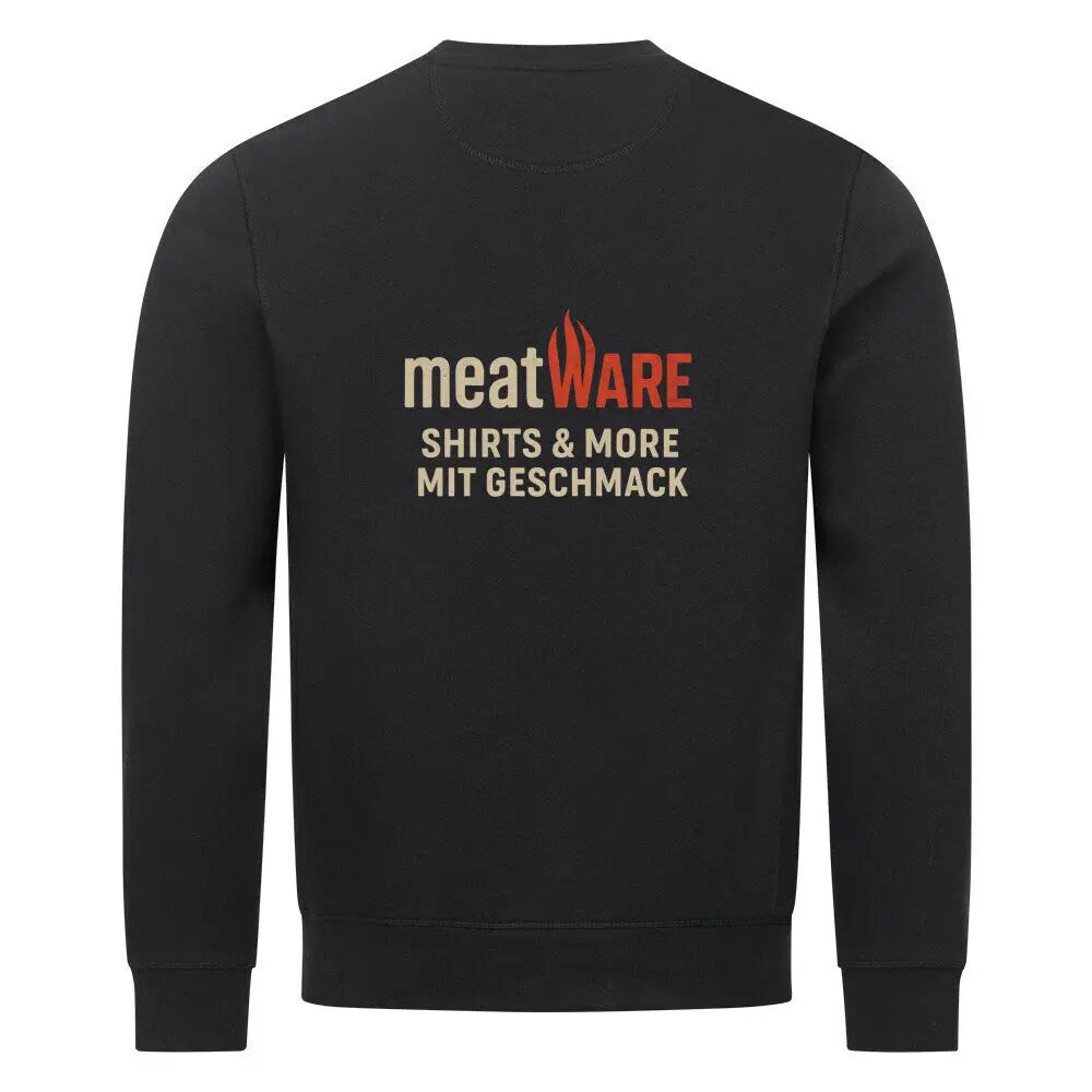 meatWARE Logo – Premium Organic Sweatshirt – Motivdruck in Schwarz, Nahaufnahme