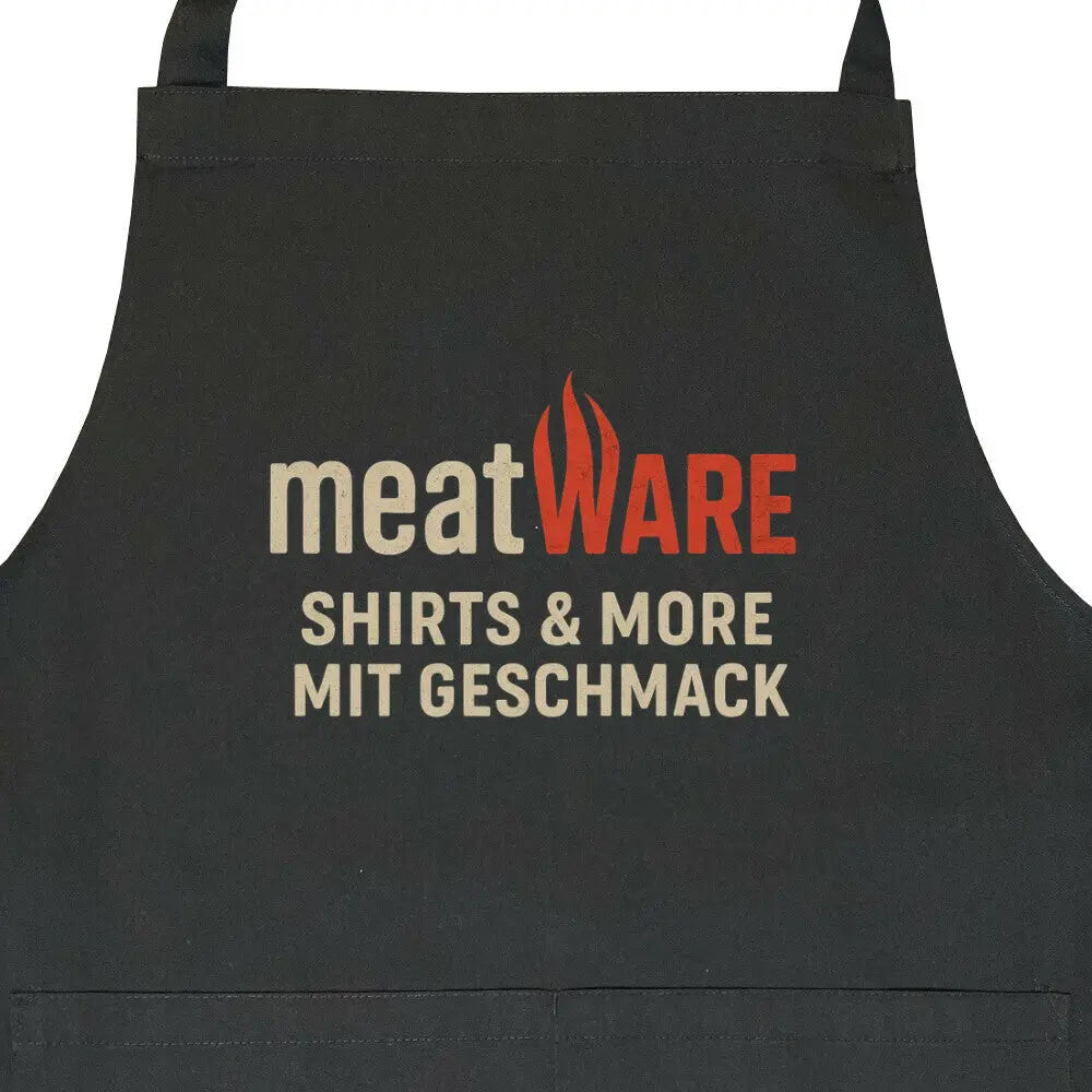 meatWARE Grill- & Kochschürze – Motivdruck in Schwarz, Nahaufnahme