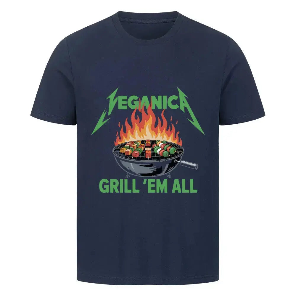 Veganica – Grill 'Em All T-Shirt | Lustige Metal & BBQ Parodie | Meatware® – Motivdruck in French Navy