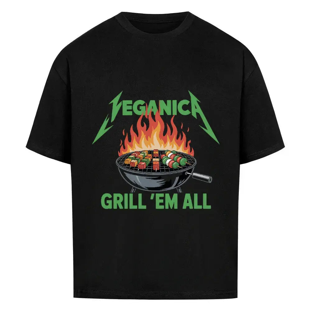 Veganica – Grill 'Em All Oversized Shirt | Heavy Cotton | Metal & BBQ Parodie – Motivdruck in Schwarz