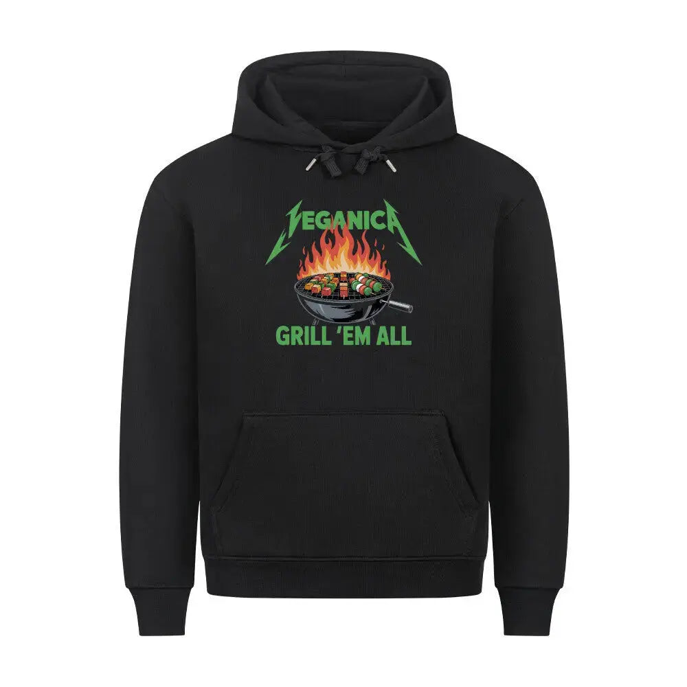 Veganica – Grill 'Em All Premium Hoodie | Lustige Metal & BBQ Parodie – Motivdruck in Schwarz