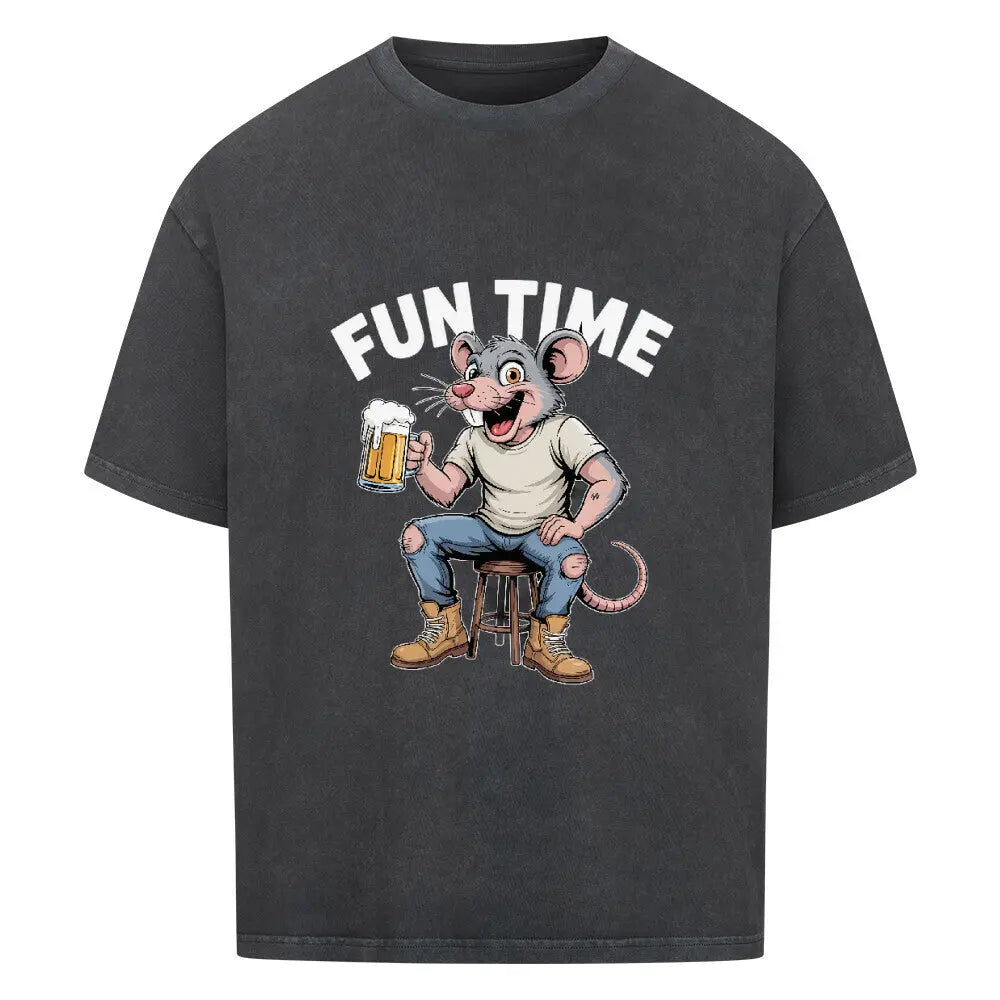 FUN TIME – Oversized Shirt – Motivdruck in Washed Black