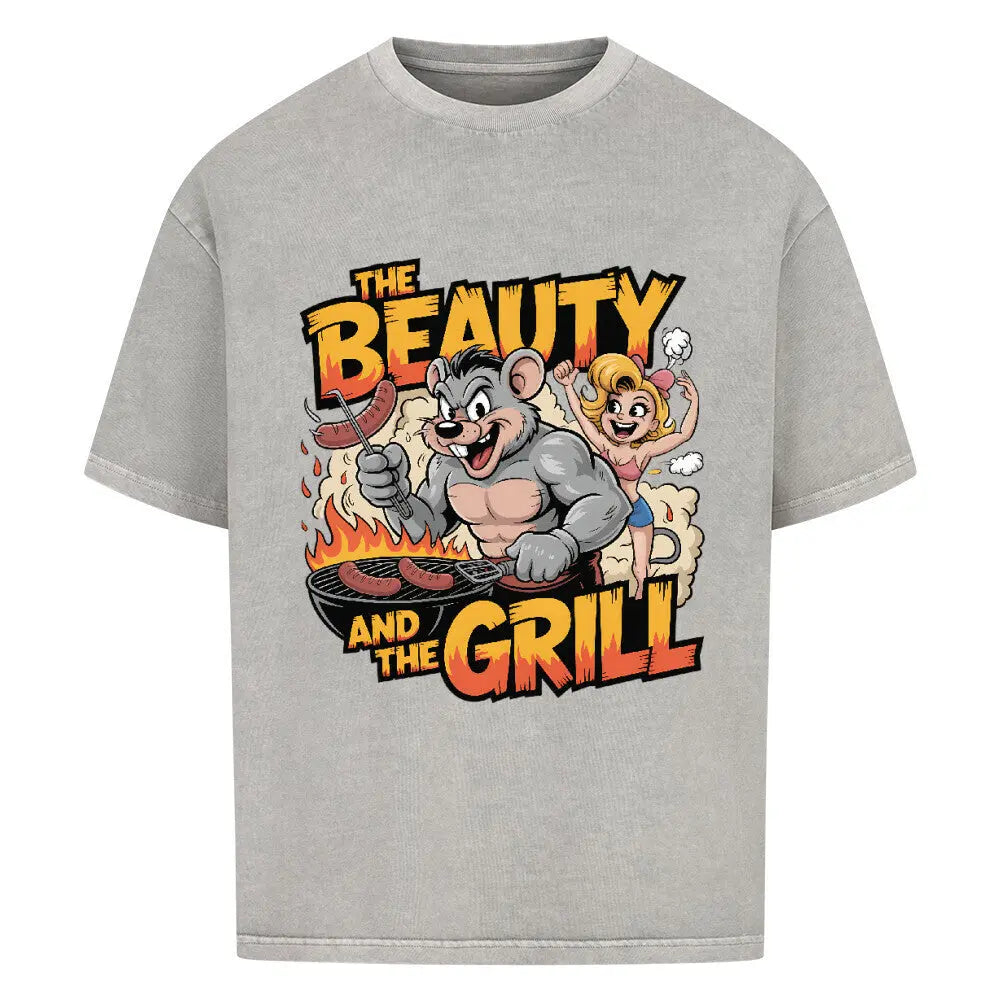 The Beauty and the Grill – Oversized Premium Shirt – Motivdruck in Washed Grey