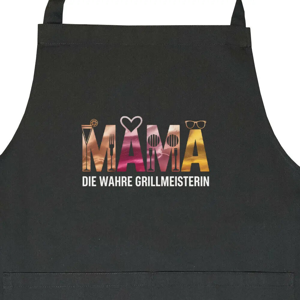 MAMA – Die wahre Grillmeisterin – Grillschürze – Motivdruck in Schwarz, Nahaufnahme