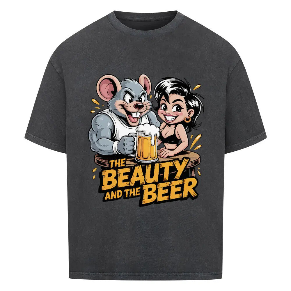 THE BEAUTY AND THE BEER – Oversized Shirt – Motivdruck in Washed Black