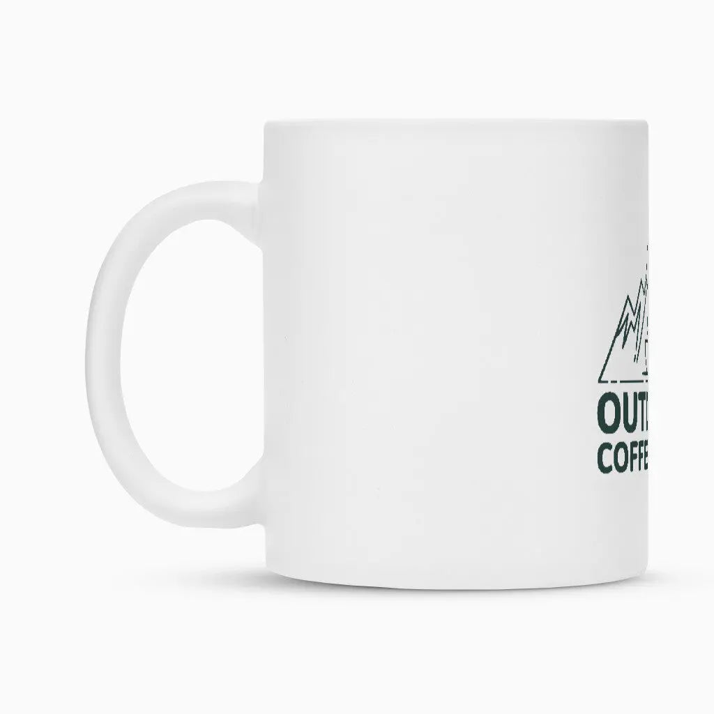 Outdoor Coffee Crew – Keramiktasse – Motivdruck in Weiß, weitere Ansicht