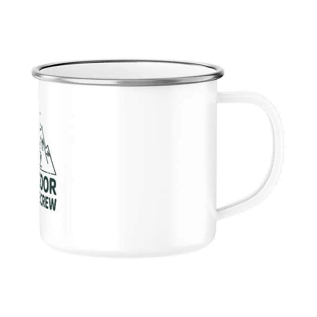 OUTDOOR COFFEE CREW – Für Kaffee unter freiem Himmel | Emaille-Tasse (300 ml) – Motivdruck in Silber, Nahaufnahme