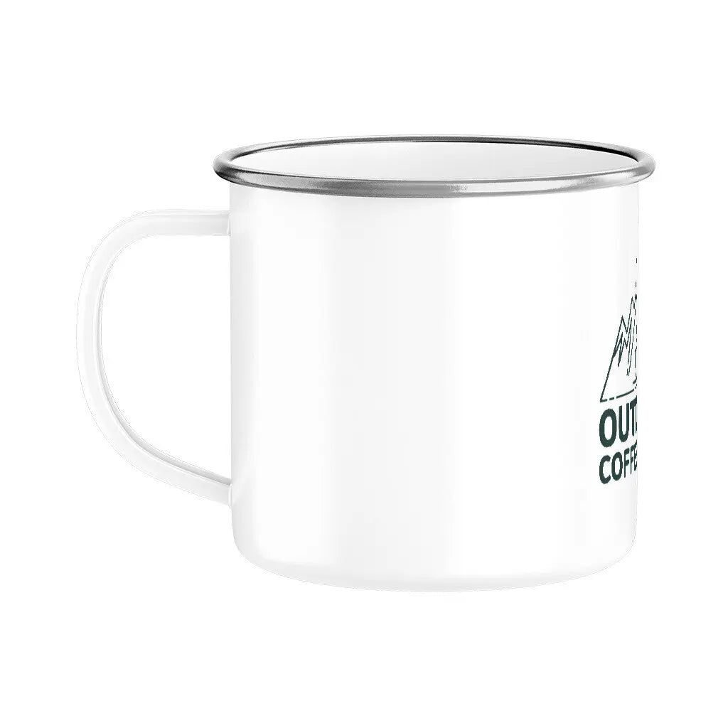 OUTDOOR COFFEE CREW – Für Kaffee unter freiem Himmel | Emaille-Tasse (300 ml) – Motivdruck in Silber, weitere Ansicht