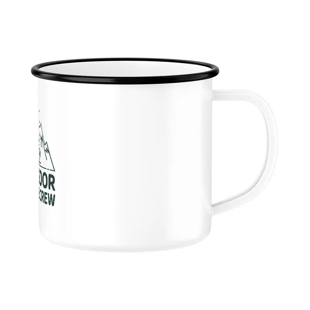 OUTDOOR COFFEE CREW – Für Kaffee unter freiem Himmel | Emaille-Tasse (300 ml) – Motivdruck in Schwarz, Nahaufnahme