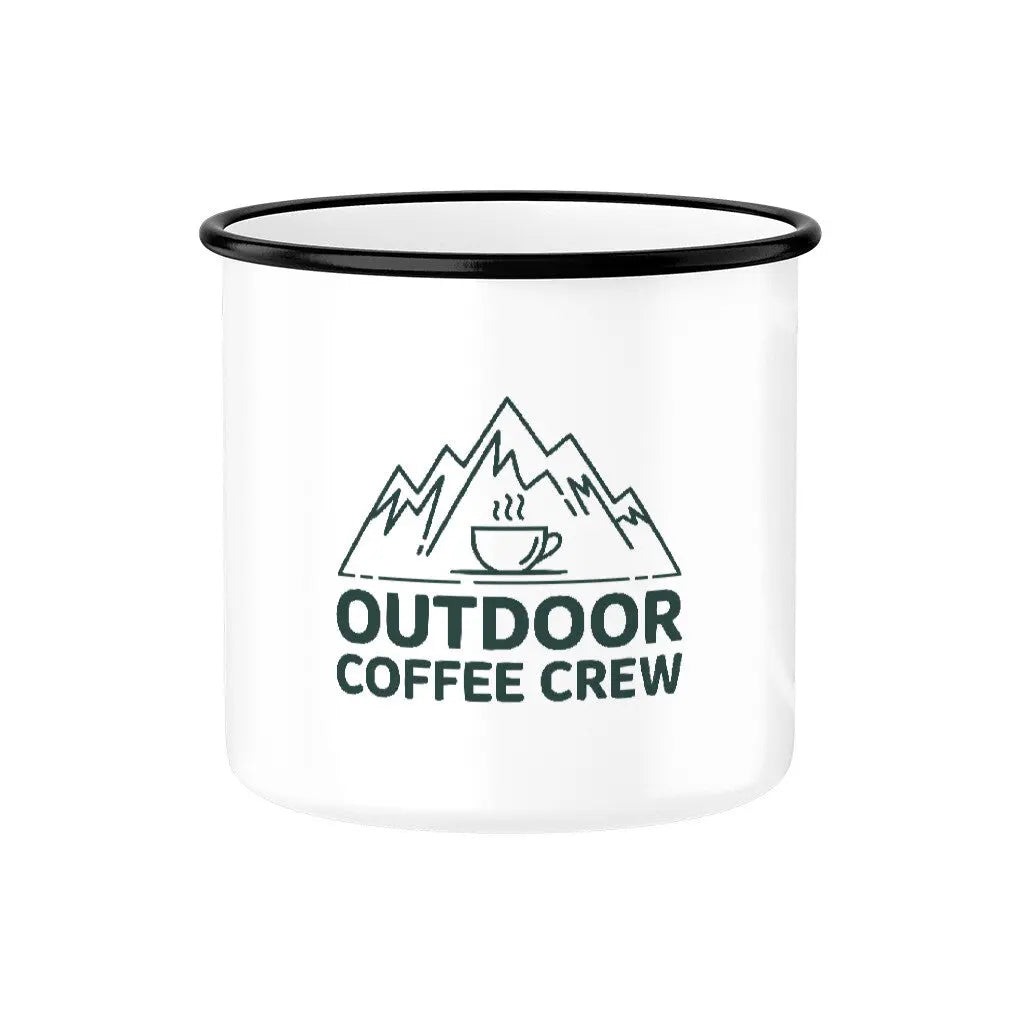 OUTDOOR COFFEE CREW – Für Kaffee unter freiem Himmel | Emaille-Tasse (300 ml) – Motivdruck in Schwarz