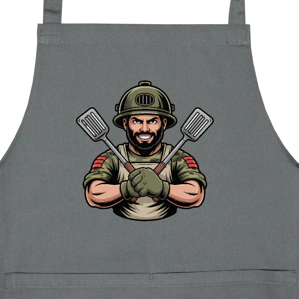 Küchenkommando – Operation Steakforce | Grillschürze – Motivdruck in Anthrazit, Nahaufnahme