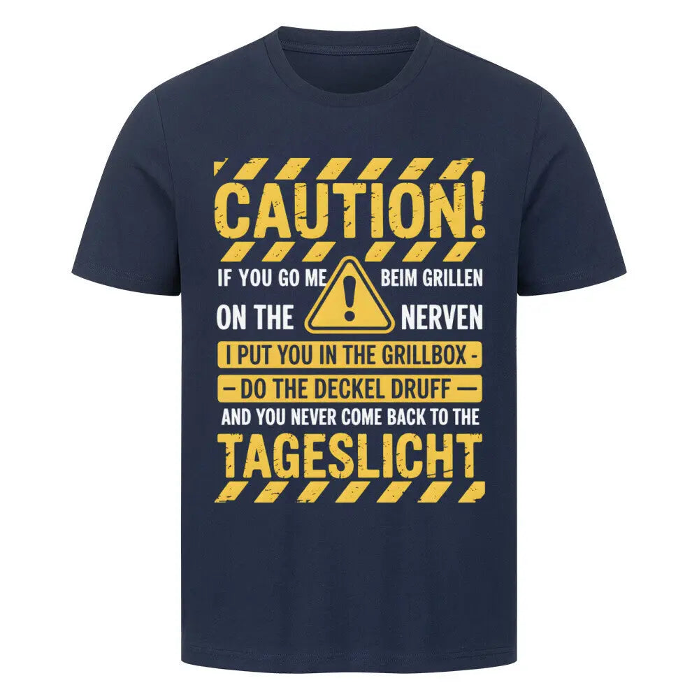 Caution Grillbox – Lustiges BBQ Warnschild T-Shirt – Motivdruck in French Navy