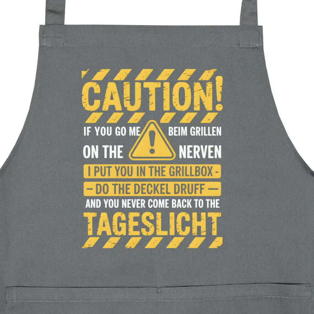 Caution! – Warnschild-Grillschürze – Motivdruck in Anthrazit, Nahaufnahme