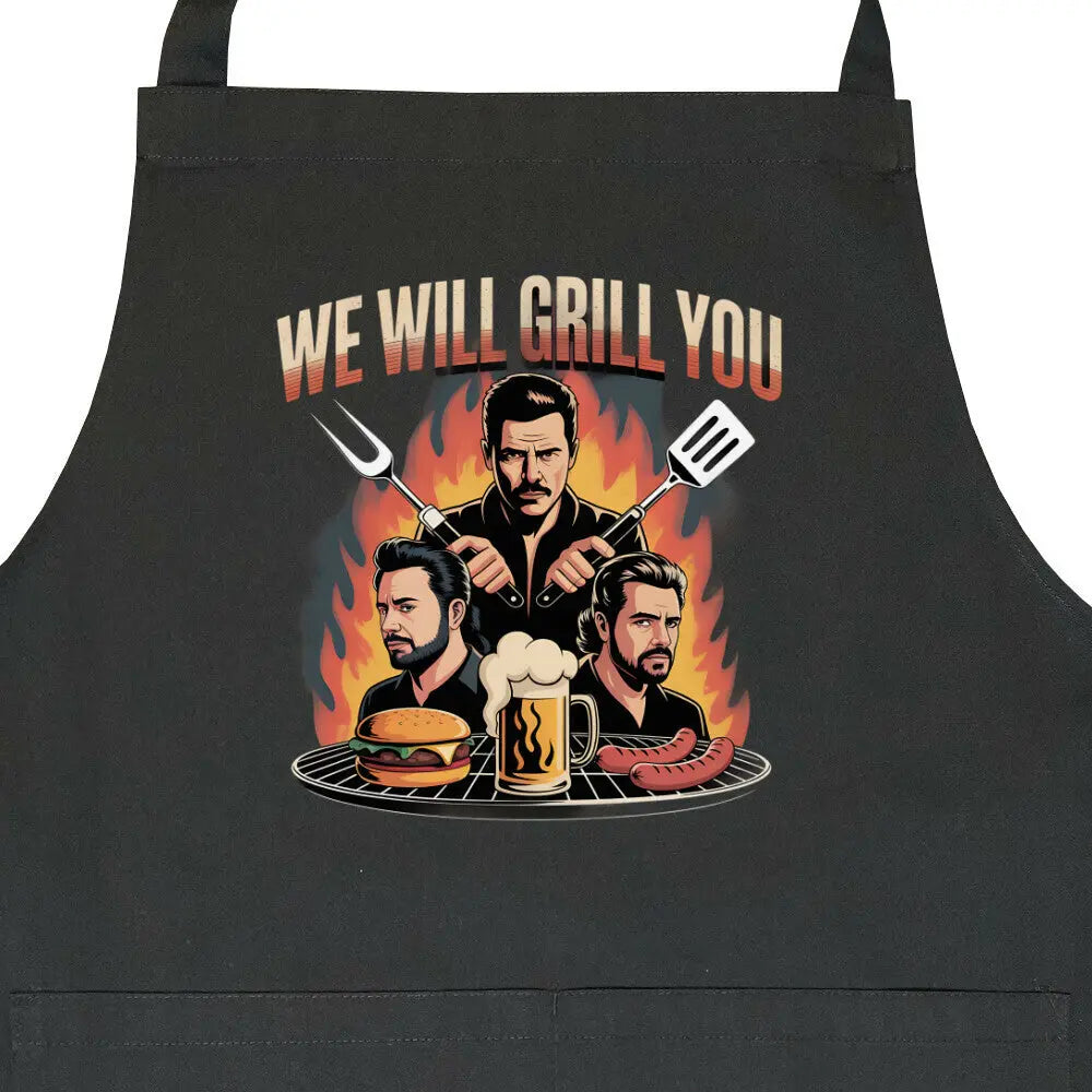 We Will Grill You – Grillschürze für echte Grillrocker – Motivdruck in Schwarz, Nahaufnahme