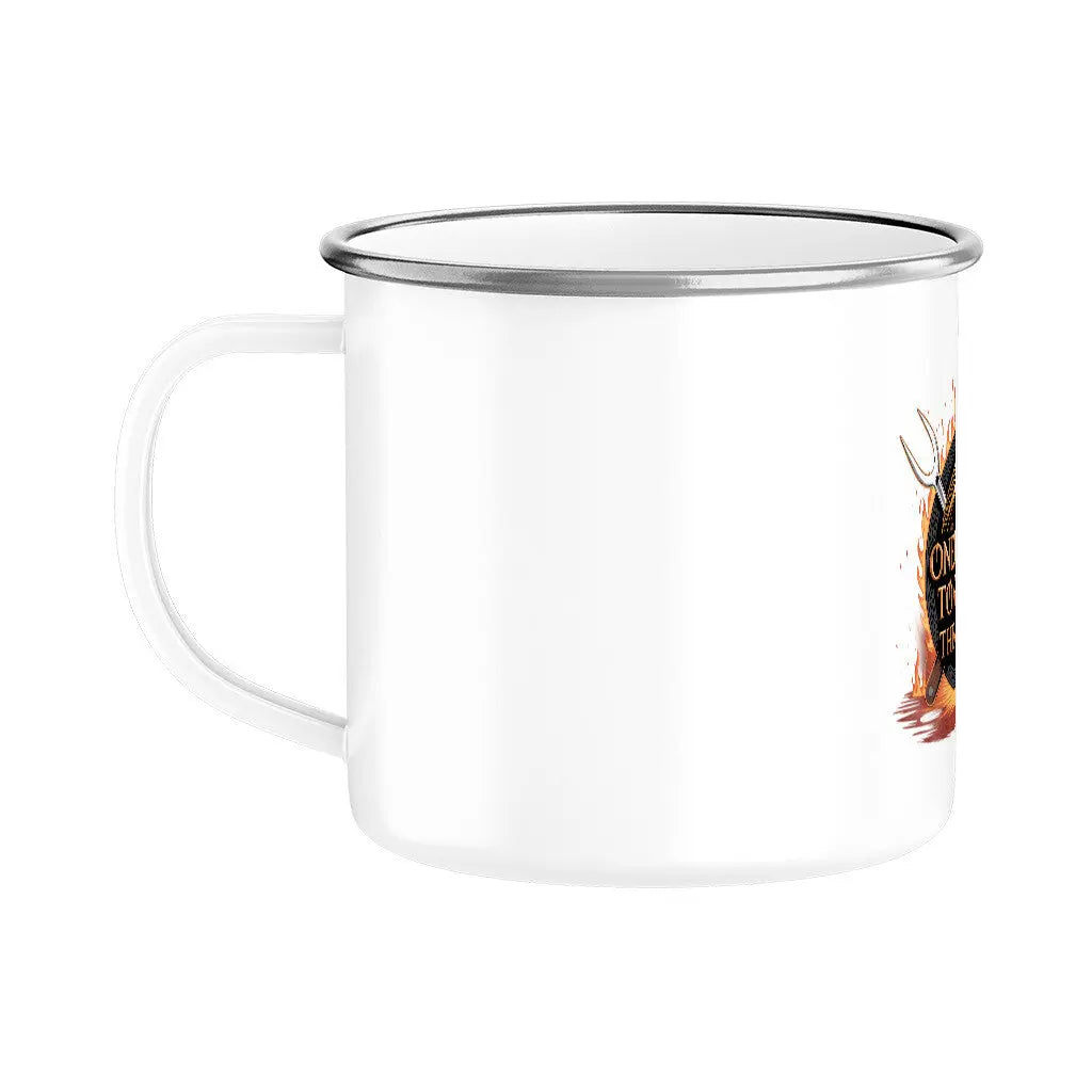 ONE RING TO GRILL THEM ALL – Emaille-Tasse im Retro-Look – Motivdruck in Silber, weitere Ansicht