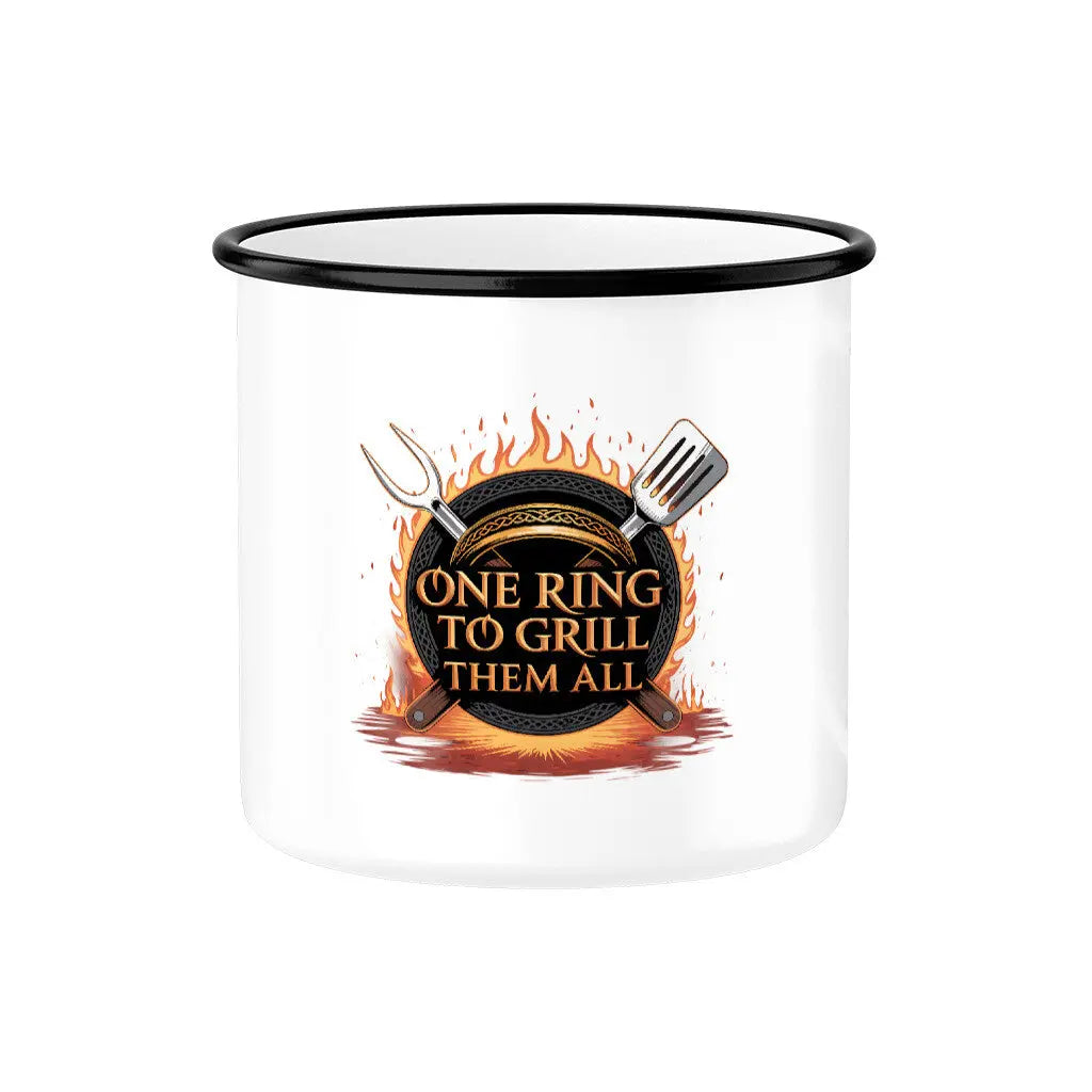 ONE RING TO GRILL THEM ALL – Emaille-Tasse im Retro-Look – Motivdruck in Schwarz