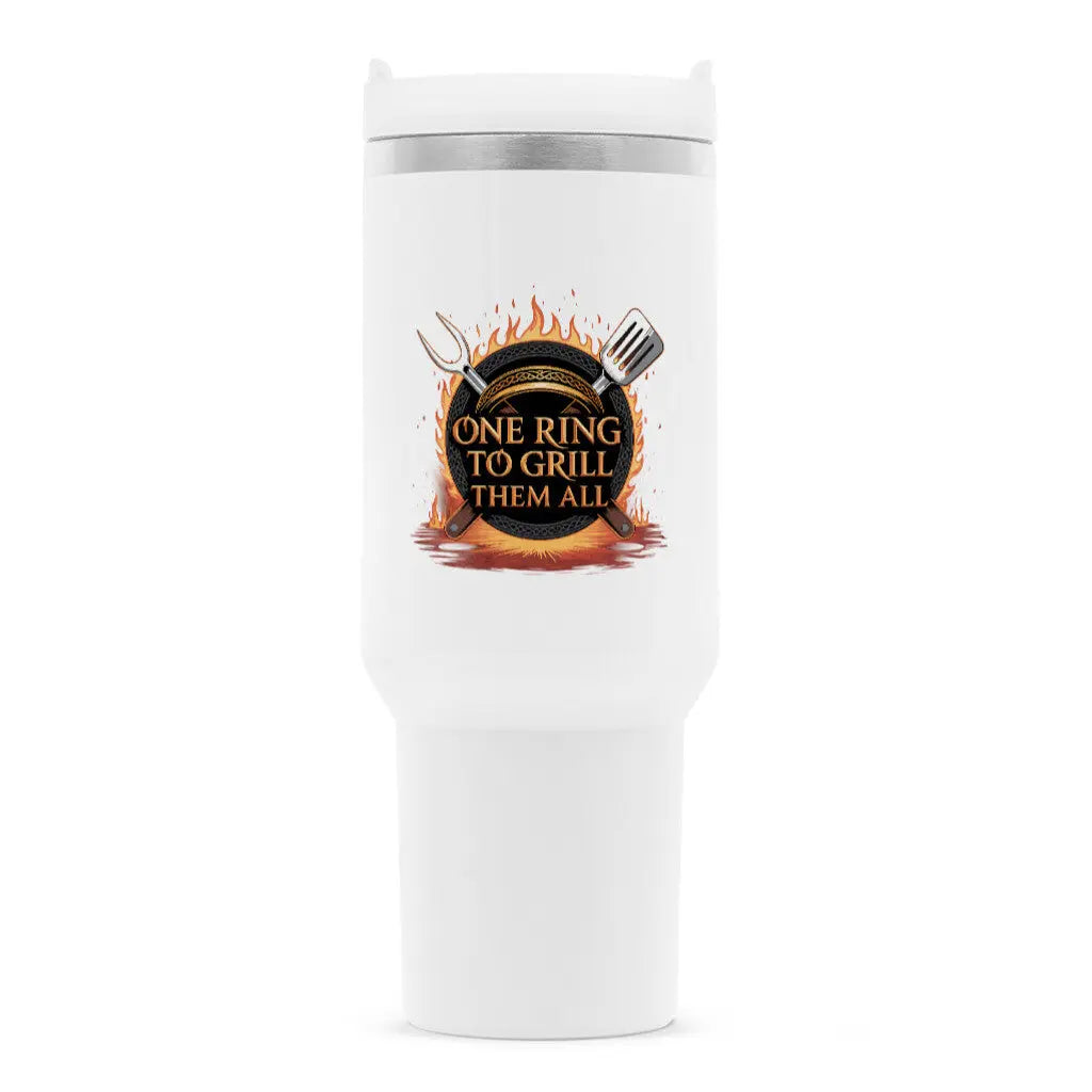 ONE RING TO GRILL THEM ALL – jetzt als mächtiger 1200-ml Thermobecher – Motivdruck in Weiß