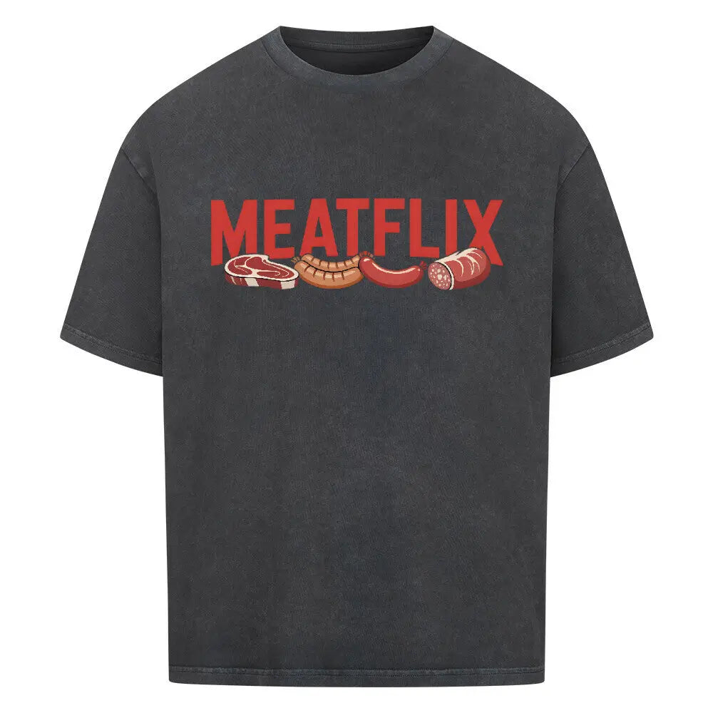 MEATFLIX – Oversized Shirt – Motivdruck in Washed Black