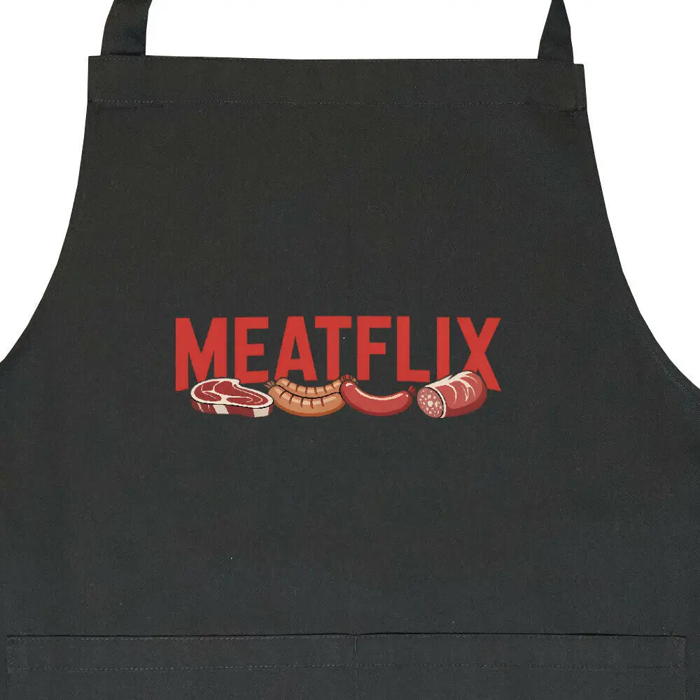 MEATFLIX Grillschürze – Style & Schutz für echte Grillhelden – Motivdruck in Schwarz, Nahaufnahme