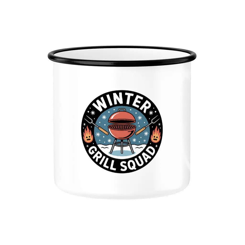 Winter Grill Squad – Emaille Tasse – Motivdruck in Schwarz