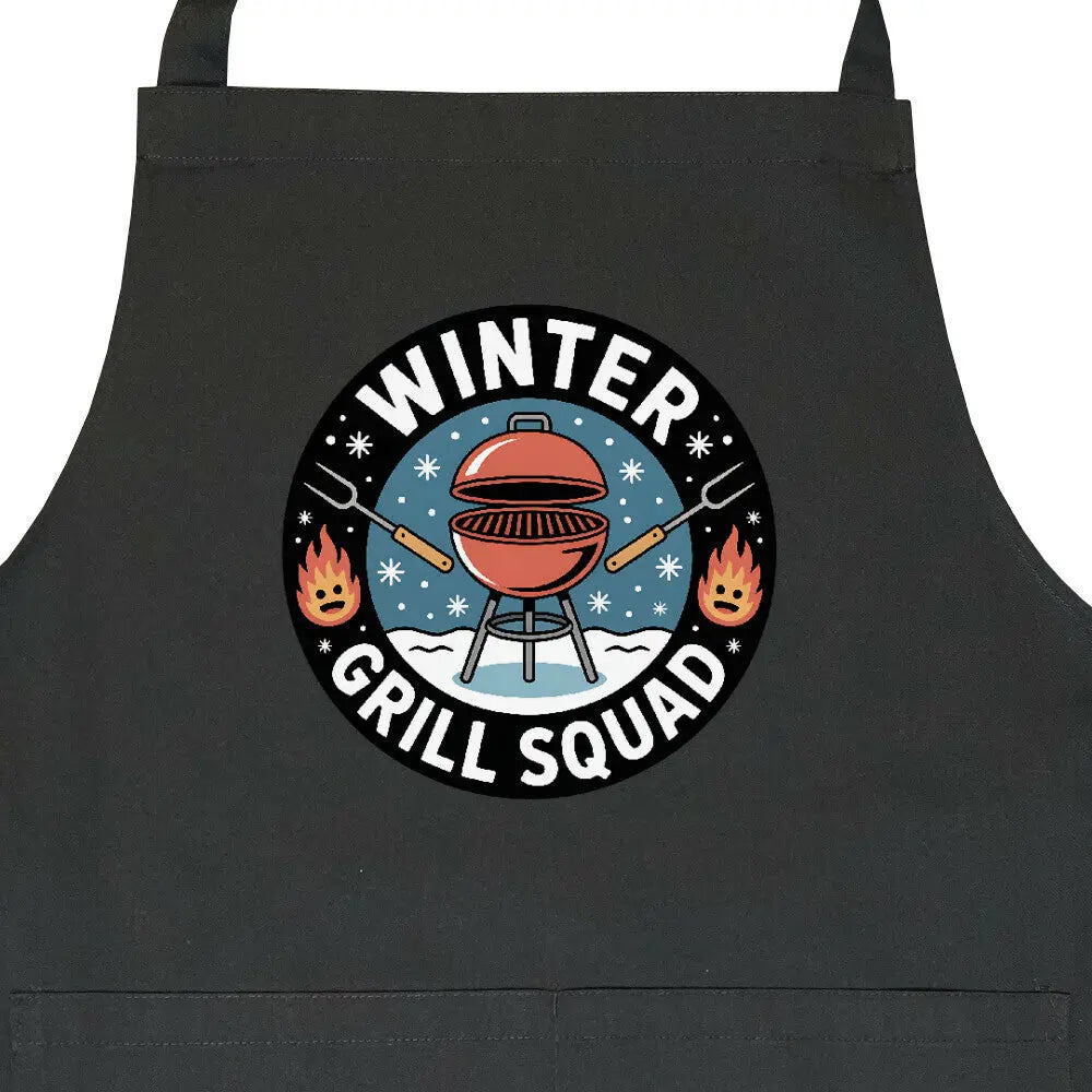 Winter Grill Squad – Grillschürze – Motivdruck in Schwarz, Nahaufnahme