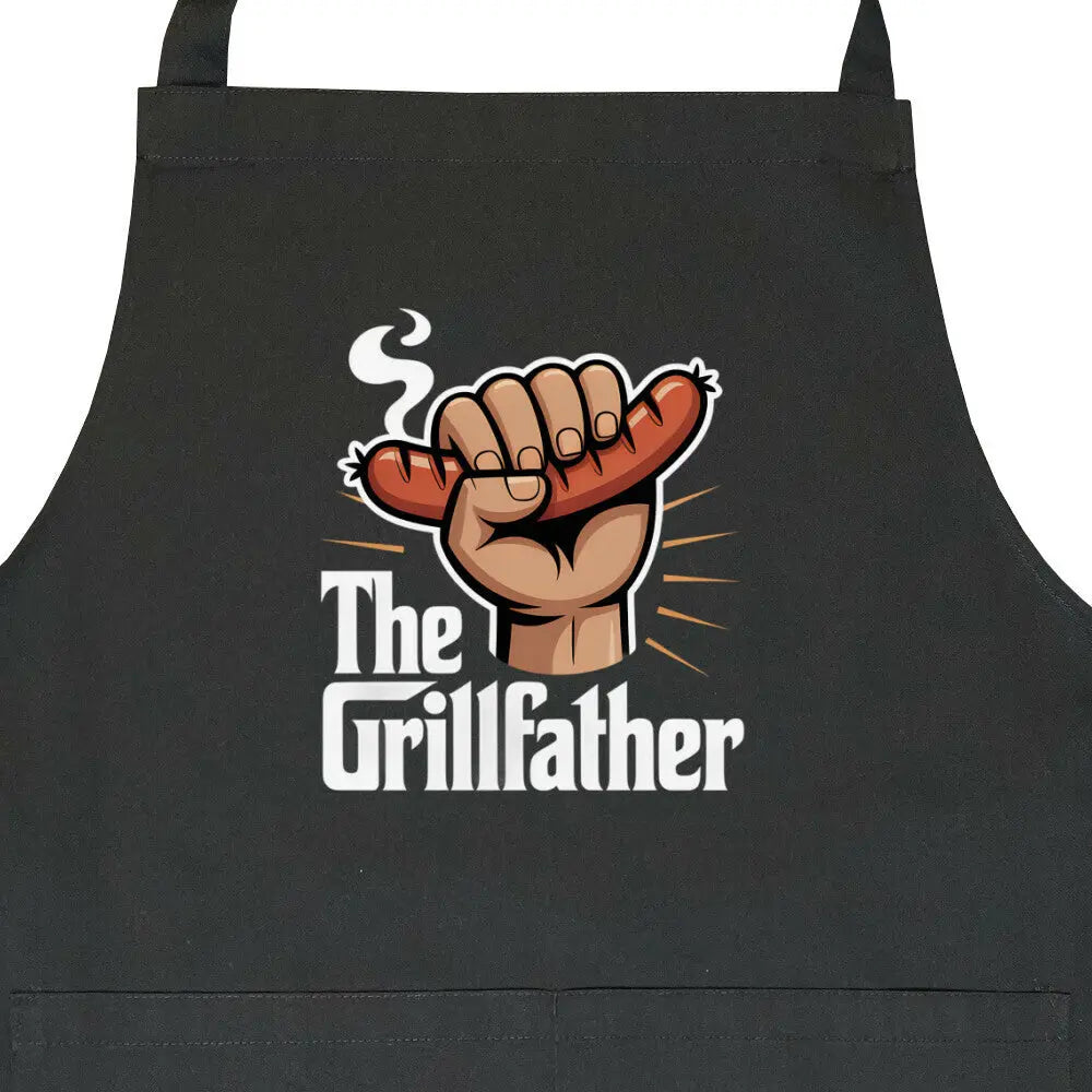 The Grillfather mit Wurst – Grillschürze – Motivdruck in Schwarz, Nahaufnahme