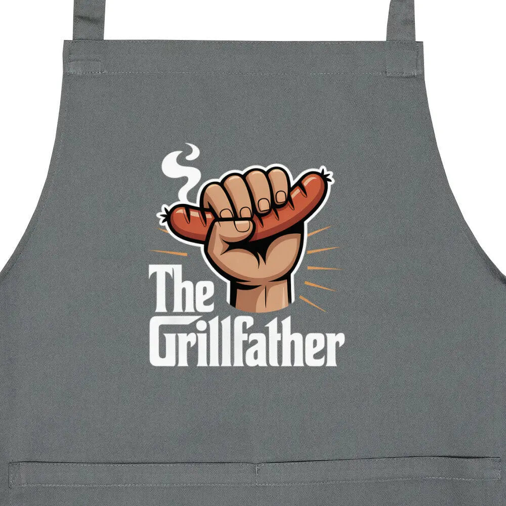 The Grillfather mit Wurst – Grillschürze – Motivdruck in Anthrazit, Nahaufnahme