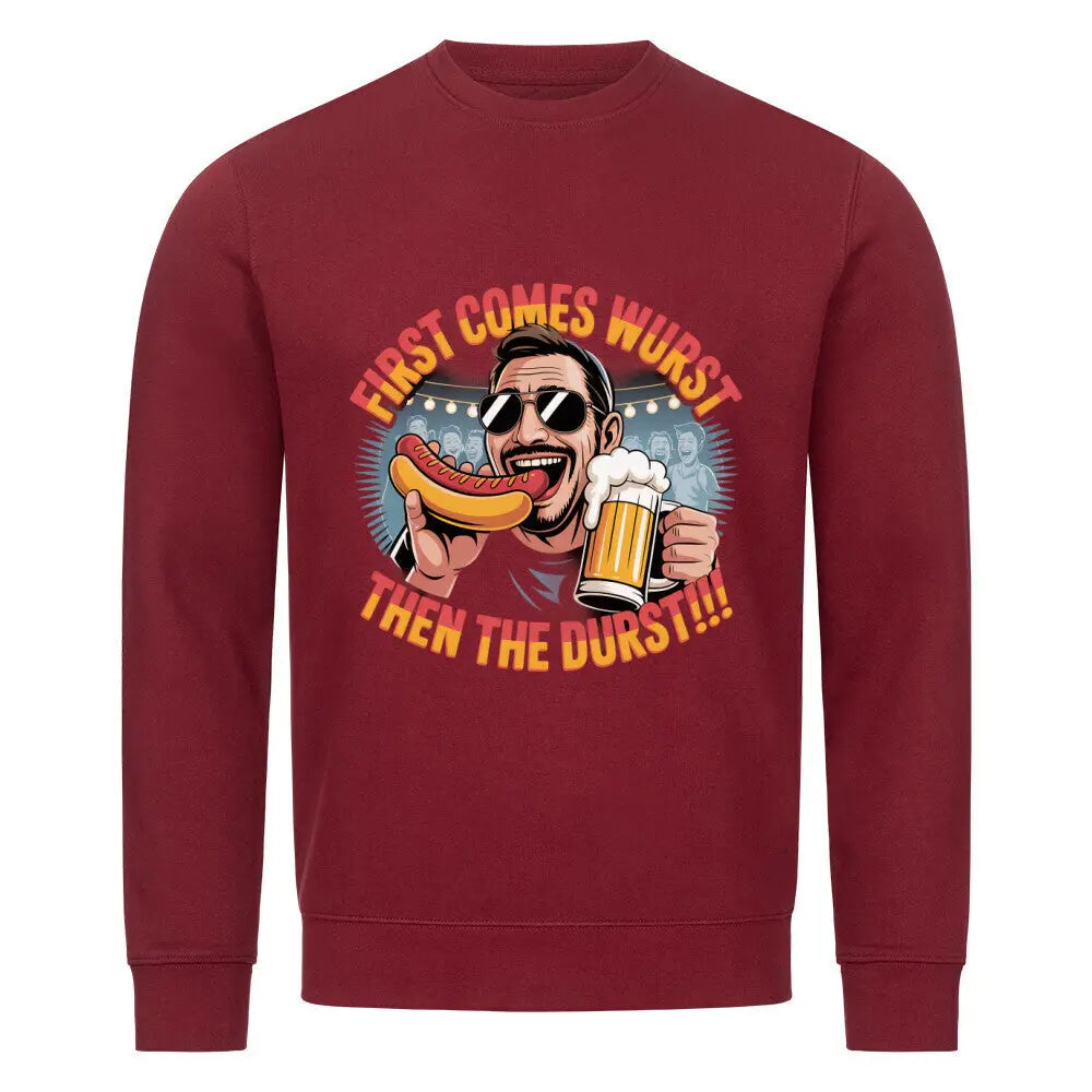 First comes Wurst, then the Durst!! - PREMIUM ORGANIC SWEATSHIRT – Motivdruck in Burgunder