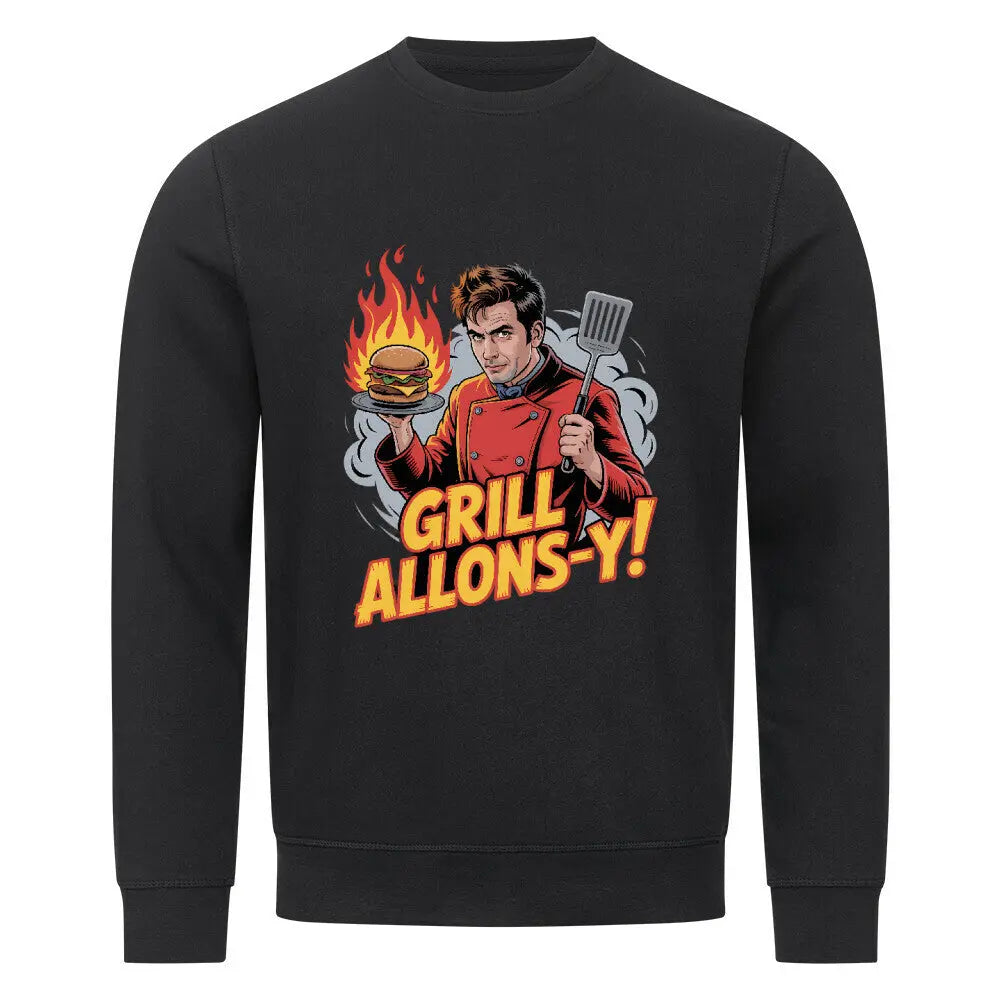 Grill Allons-y! – Premium Organic Sweatshirt für Whovians & Grillmeister – Motivdruck in Schwarz