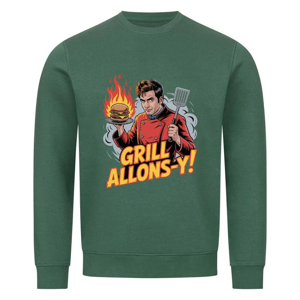 Grill Allons-y! – Premium Organic Sweatshirt für Whovians & Grillmeister – Motivdruck in Varsity Green