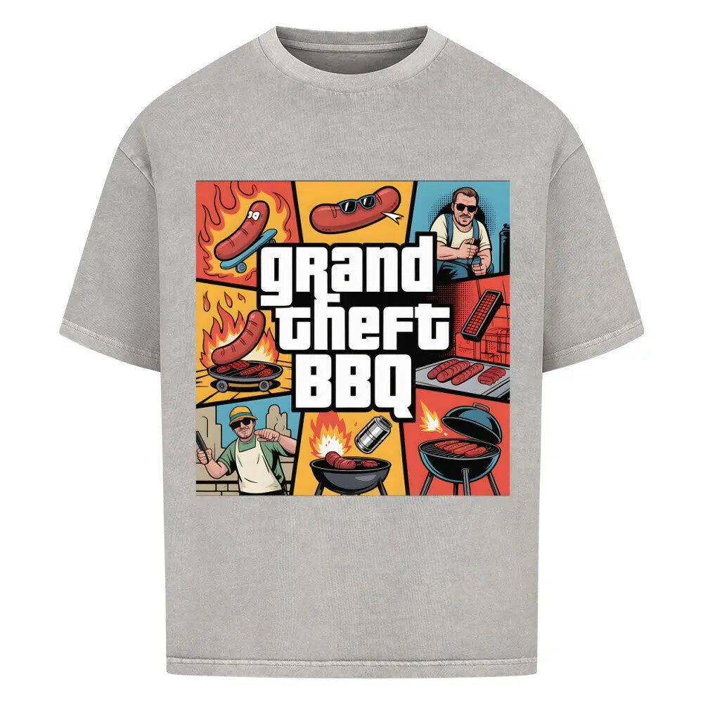 Grand Theft BBQ – Oversized Shirt – Motivdruck in Washed Grey