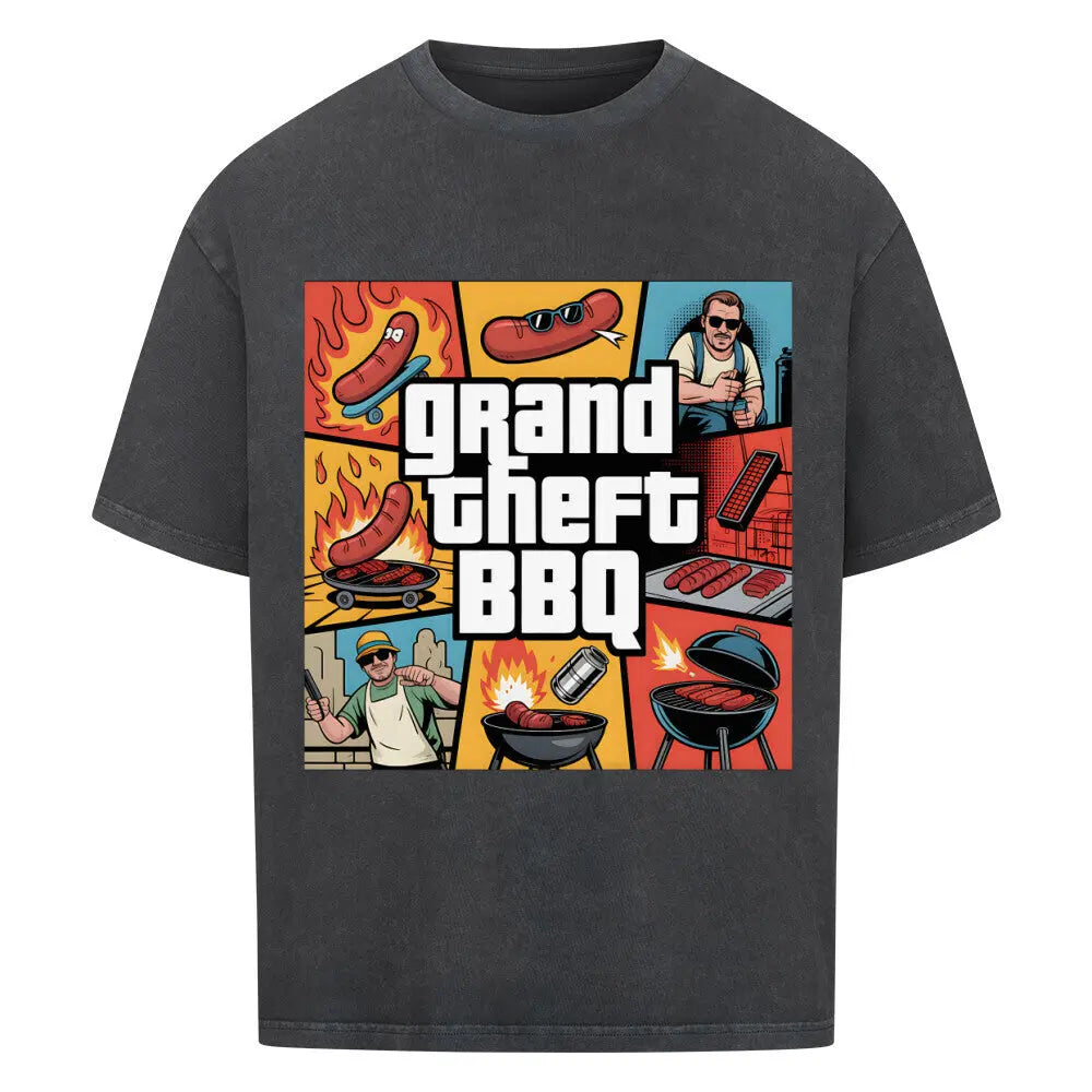 Grand Theft BBQ – Oversized Shirt – Motivdruck in Washed Black