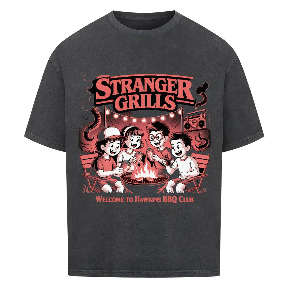 STRANGER GRILLS – Oversized Shirt – Motivdruck in Washed Black