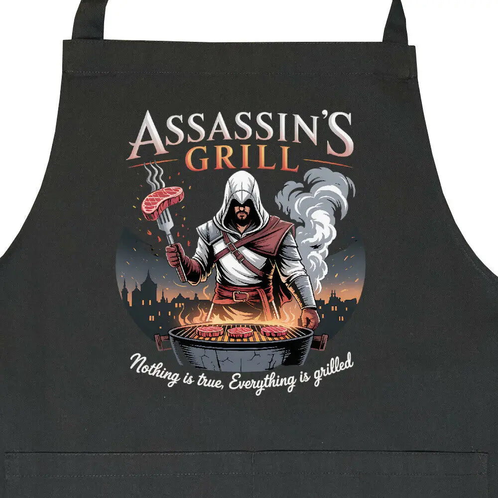 Assassin’s Grill – Premium Grillschürze – Motivdruck in Schwarz, Nahaufnahme