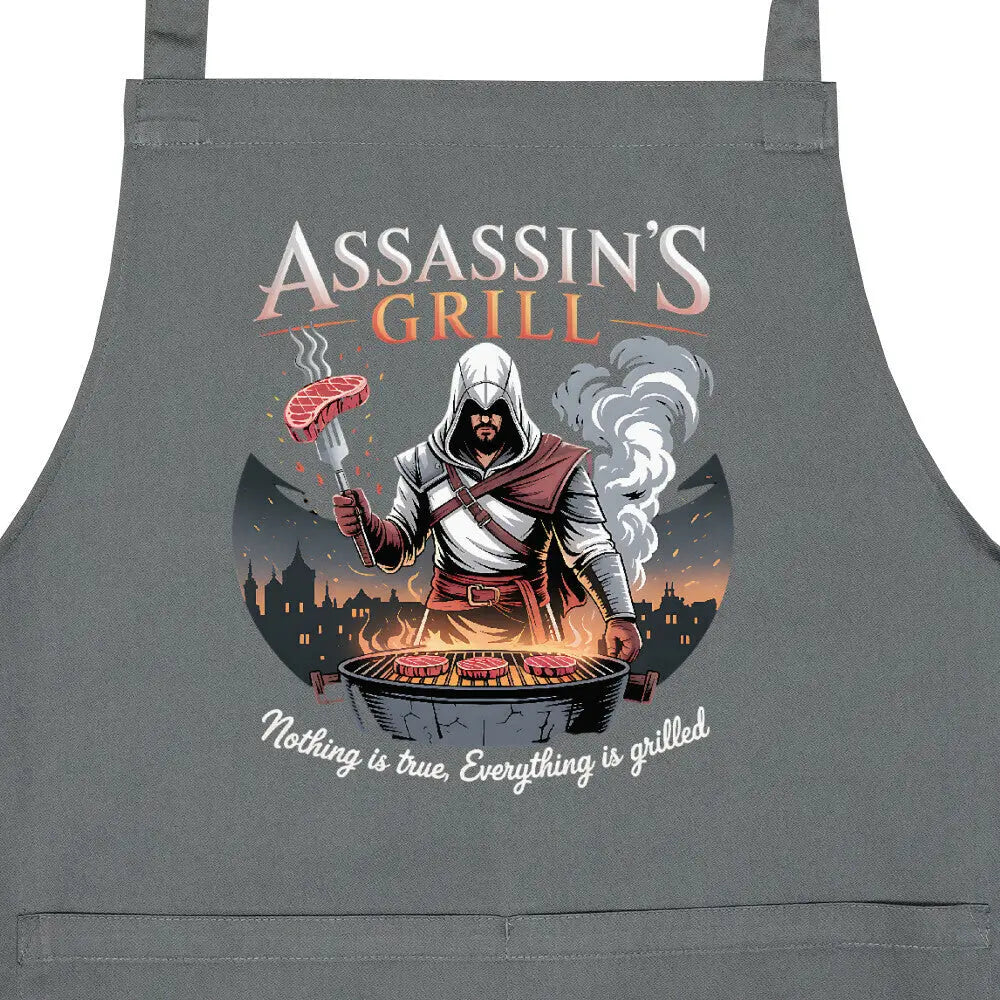 Assassin’s Grill – Premium Grillschürze – Motivdruck in Anthrazit, Nahaufnahme