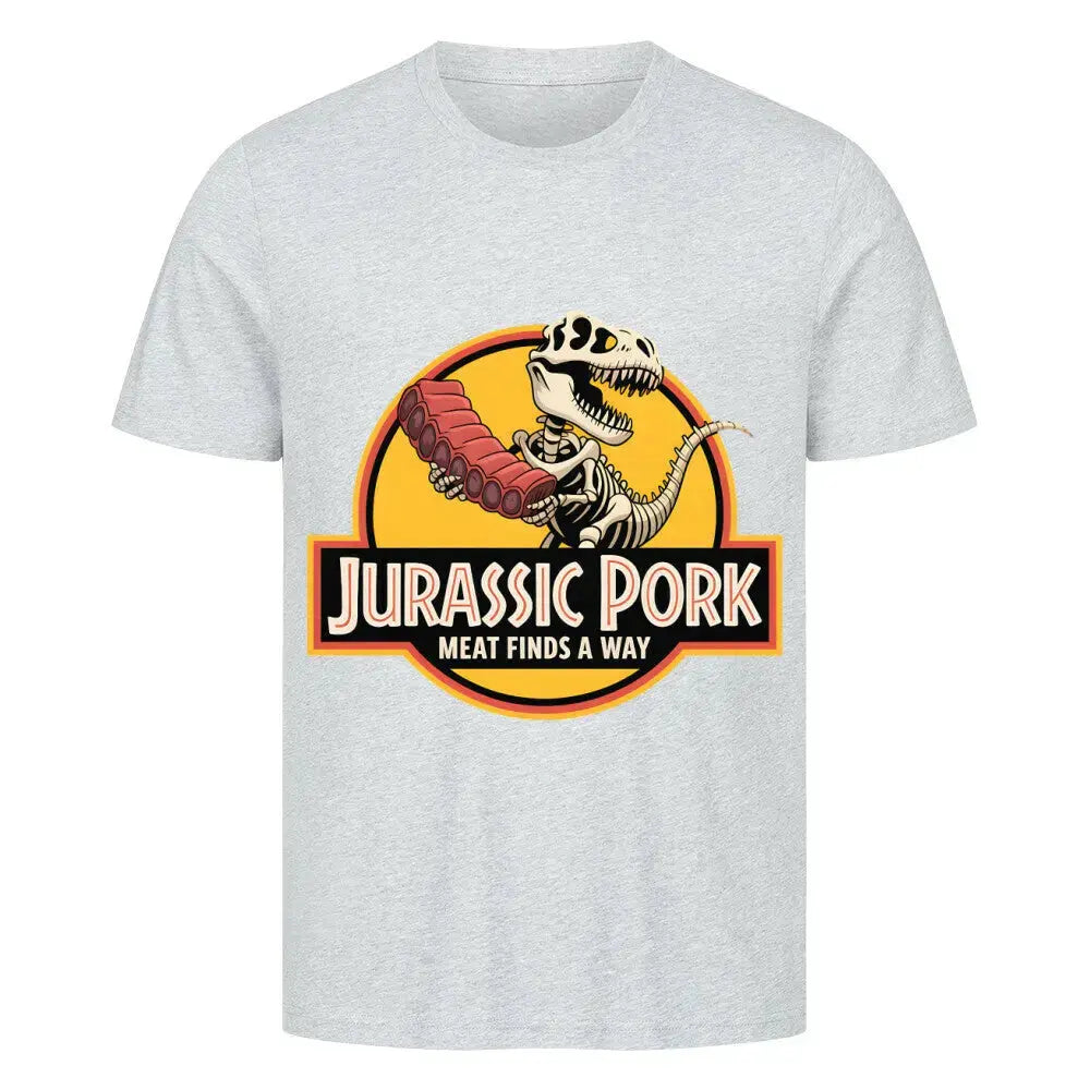 Jurassic Pork – Premium T-Shirt für Fleischjäger & Grill-Abenteurer – Motivdruck in Heather Grey