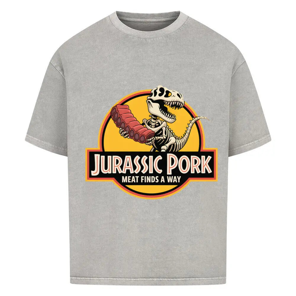 Jurassic Pork – Oversized Shirt für echte Fleischjäger – Motivdruck in Washed Grey