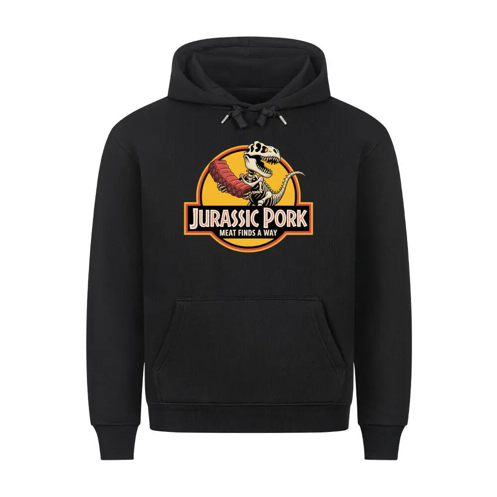 Jurassic Pork – Premium Hoodie für Fleischjäger – Motivdruck in Schwarz