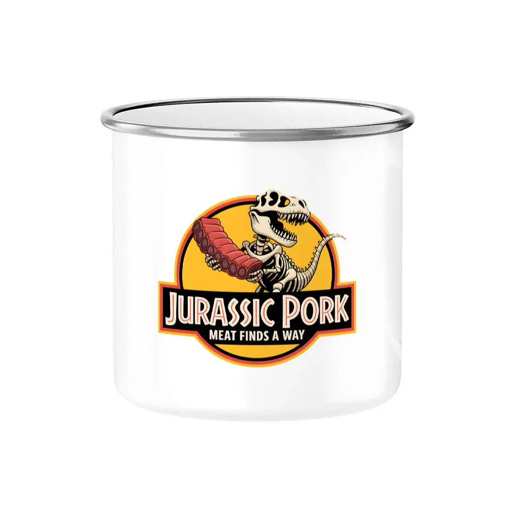 Emaille Tasse Jurassic Pork – Lustiger Camping Becher & Grill Geschenk – Motivdruck in Silber