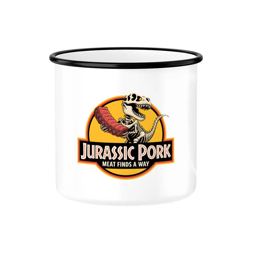 Emaille Tasse Jurassic Pork – Lustiger Camping Becher & Grill Geschenk – Motivdruck in Schwarz