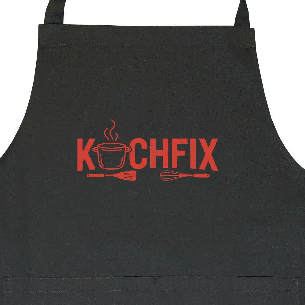 Kochfix – Kochschürze – Motivdruck in Schwarz, Nahaufnahme