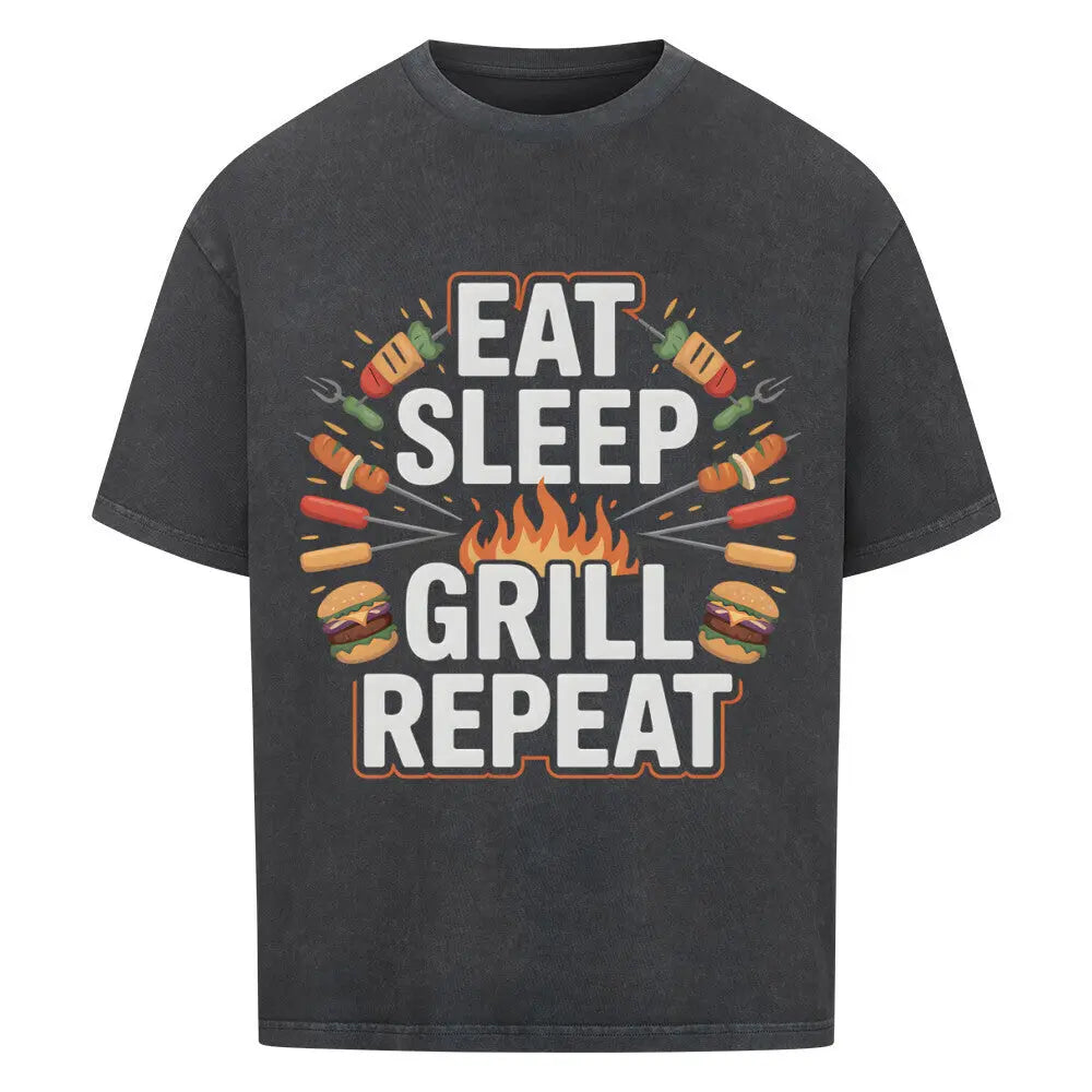 Eat Sleep Grill Repeat – Oversized Shirt – Motivdruck in Washed Black