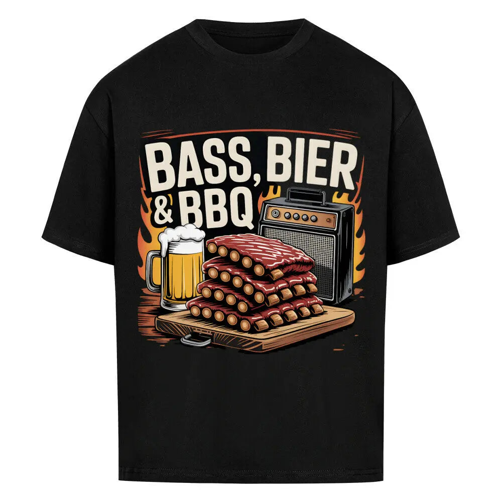 Bass, Bier & BBQ – Oversized Shirt – Motivdruck in Schwarz